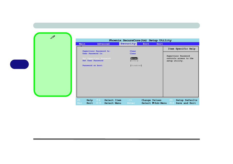 Security menu, Set supervisor password (security menu), Bios utilities 5 - 10 security menu | Figure 5 - 4 | chiliGREEN X8100 User Manual | Page 106 / 216
