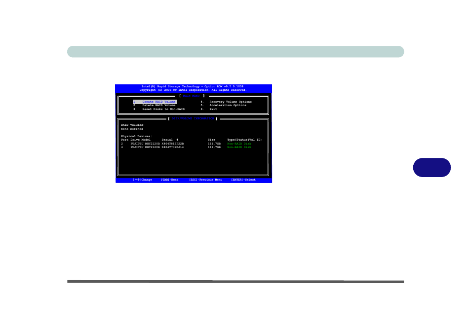 Raid setup (intel matrix), Raid setup (intel matrix) -5, Modules setting up sata raid mode 7 - 5 | Figure 7 - 1, Intel(r) rapid storage technology option rom | chiliGREEN X8100 User Manual | Page 141 / 216