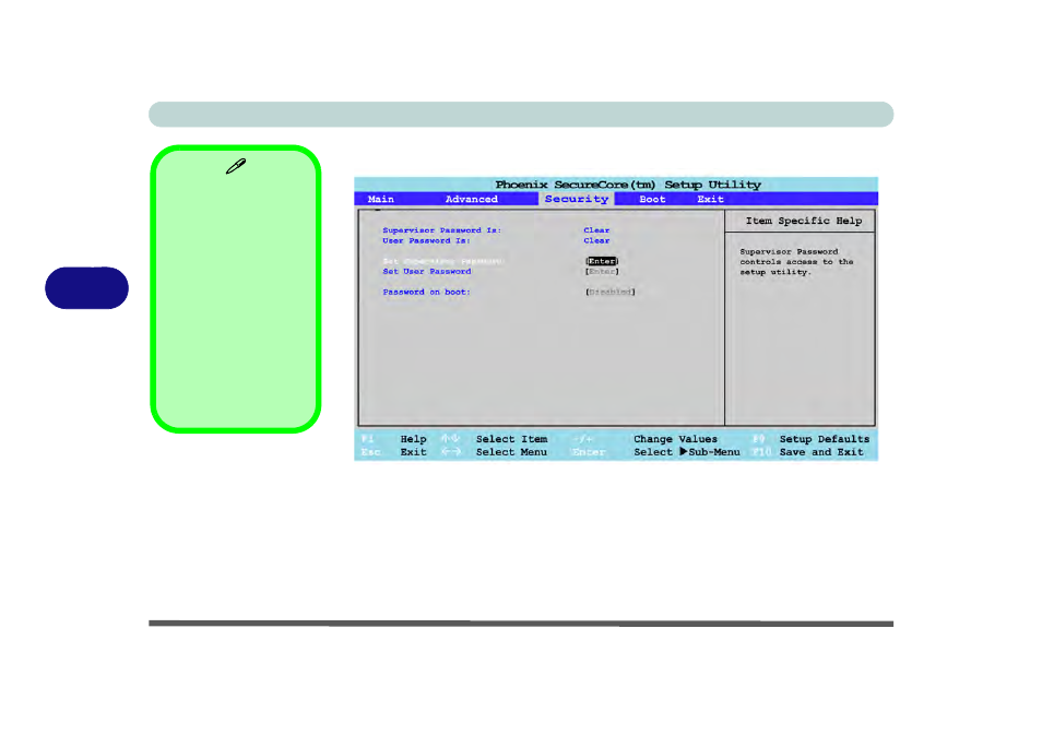 Security menu, Set supervisor password (security menu) | chiliGREEN X8100 User Manual | Page 112 / 246