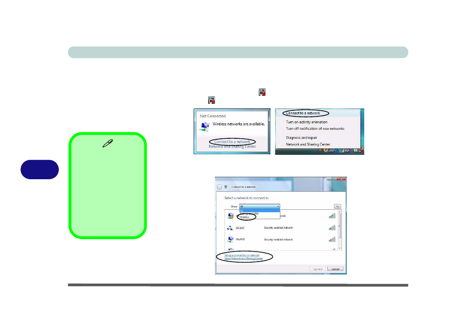 Connecting to a wireless network, Connecting to a wireless network -18, 7connecting to a wireless network | chiliGREEN W871CU User Manual | Page 126 / 290