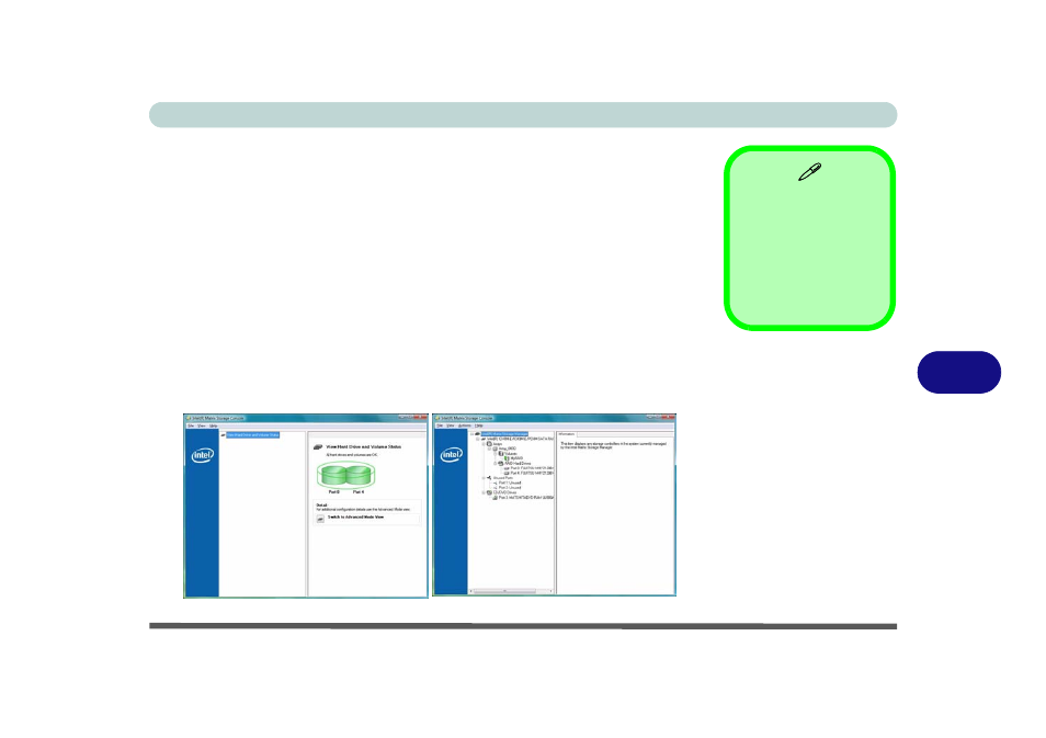 Intel matrix driver installation, Intel® matrix storage manager, Intel | Matrix storage manager | chiliGREEN W871CU User Manual | Page 173 / 290