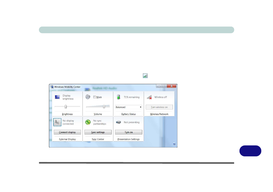 Windows mobility center, Dwindows mobility center | chiliGREEN W871CU User Manual | Page 265 / 290