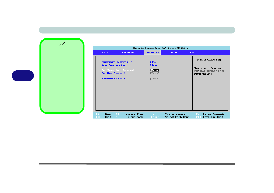 Security menu, Set supervisor password (security menu), Set user password (security menu) | chiliGREEN W871CU User Manual | Page 92 / 290