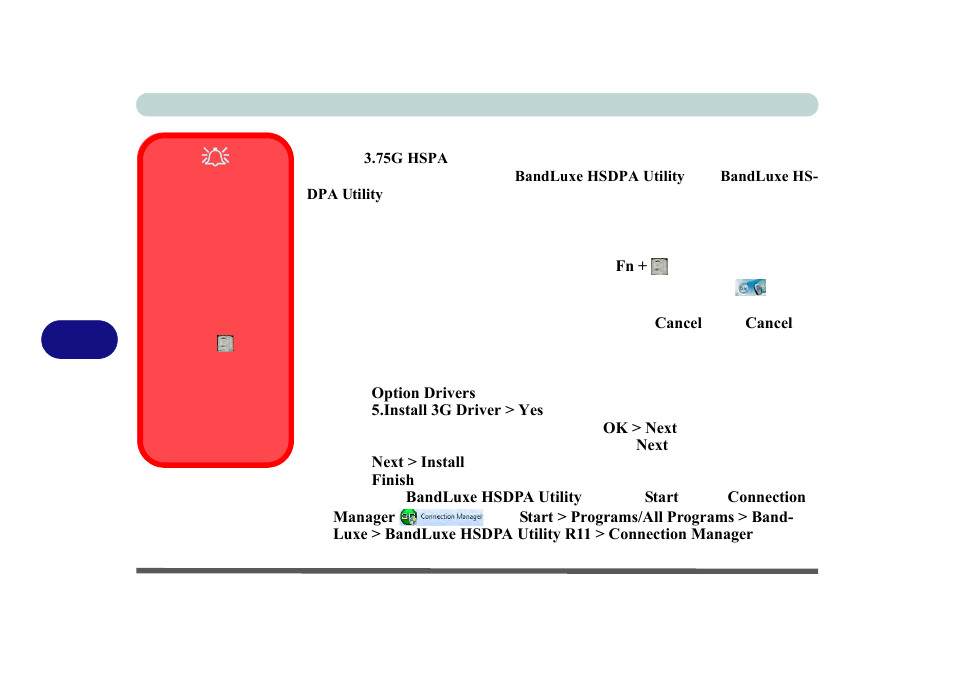 Bandluxe hsdpa utility, Bandluxe hsdpa utility installation, Bandluxe hsdpa utility installation” on | chiliGREEN P170HM User Manual | Page 198 / 322