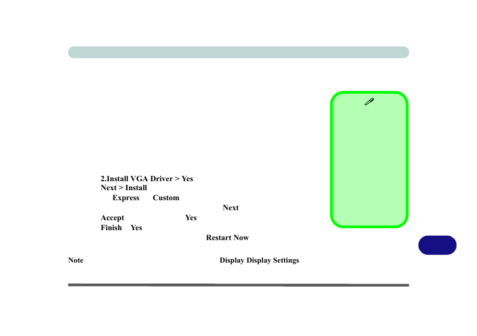 Appendix c: amd video driver controls, Video driver installation, Video (vga) | Amd video driver controls, Appendix c | chiliGREEN P170HM User Manual | Page 297 / 322