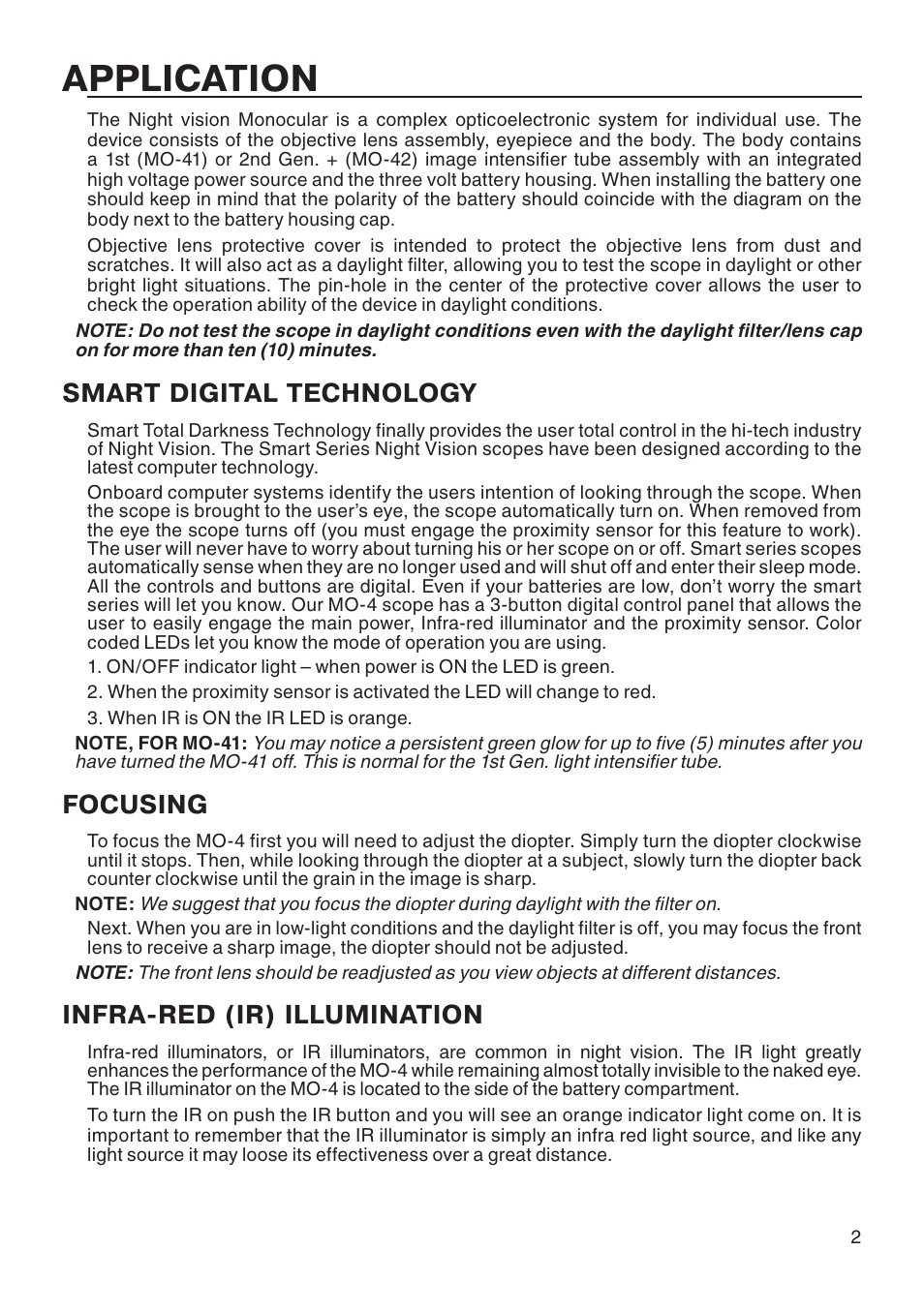 Application, Smart digital technology, Focusing | Infra-red (ir) illumination | ATN Night vision Monocular MO-4 User Manual | Page 3 / 8