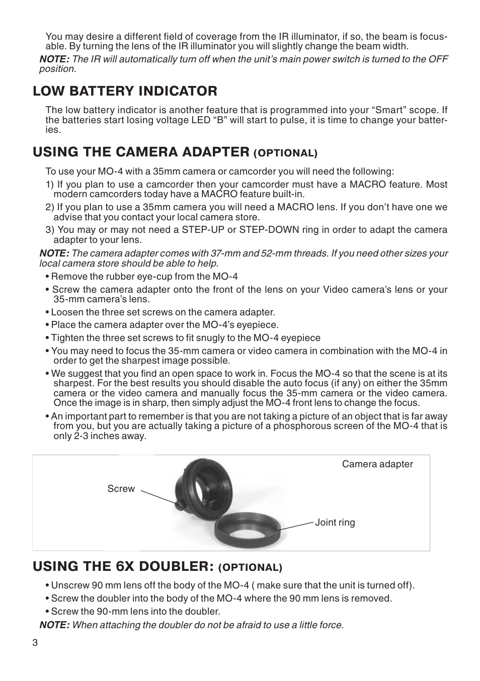 Low battery indicator, Using the camera adapter, Using the 6x doubler | ATN Night vision Monocular MO-4 User Manual | Page 4 / 8