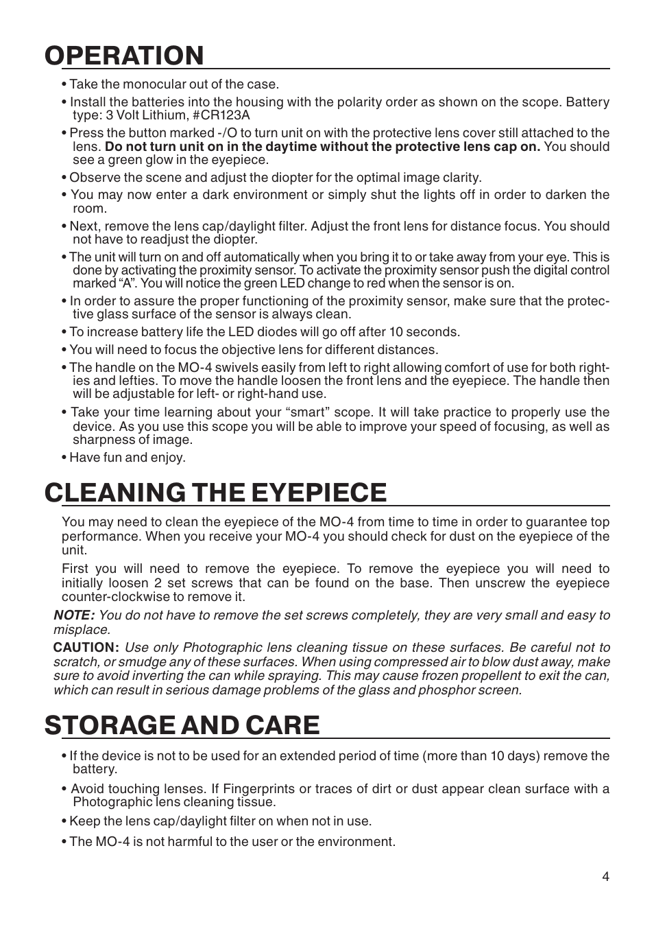 Operation, Cleaning the eyepiece, Storage and care | ATN Night vision Monocular MO-4 User Manual | Page 5 / 8