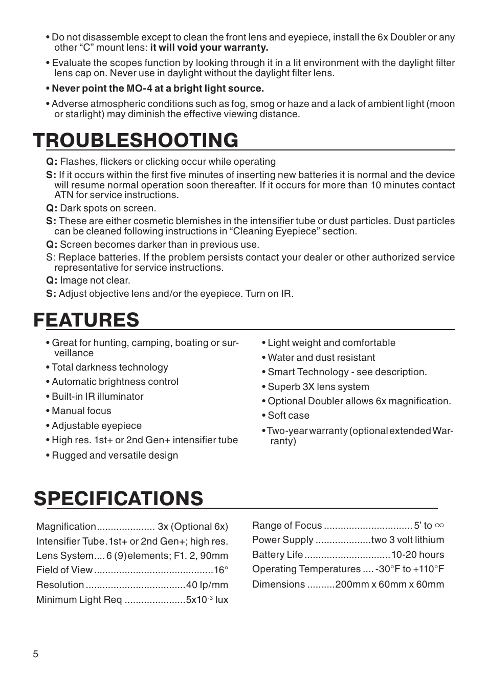 Troubleshooting, Features specifications | ATN Night vision Monocular MO-4 User Manual | Page 6 / 8