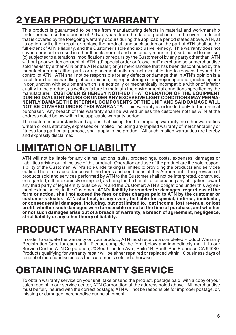 2 year product warranty, Limitation of liability, Product warranty registration | Obtaining warranty service | ATN Night vision Monocular MO-4 User Manual | Page 7 / 8