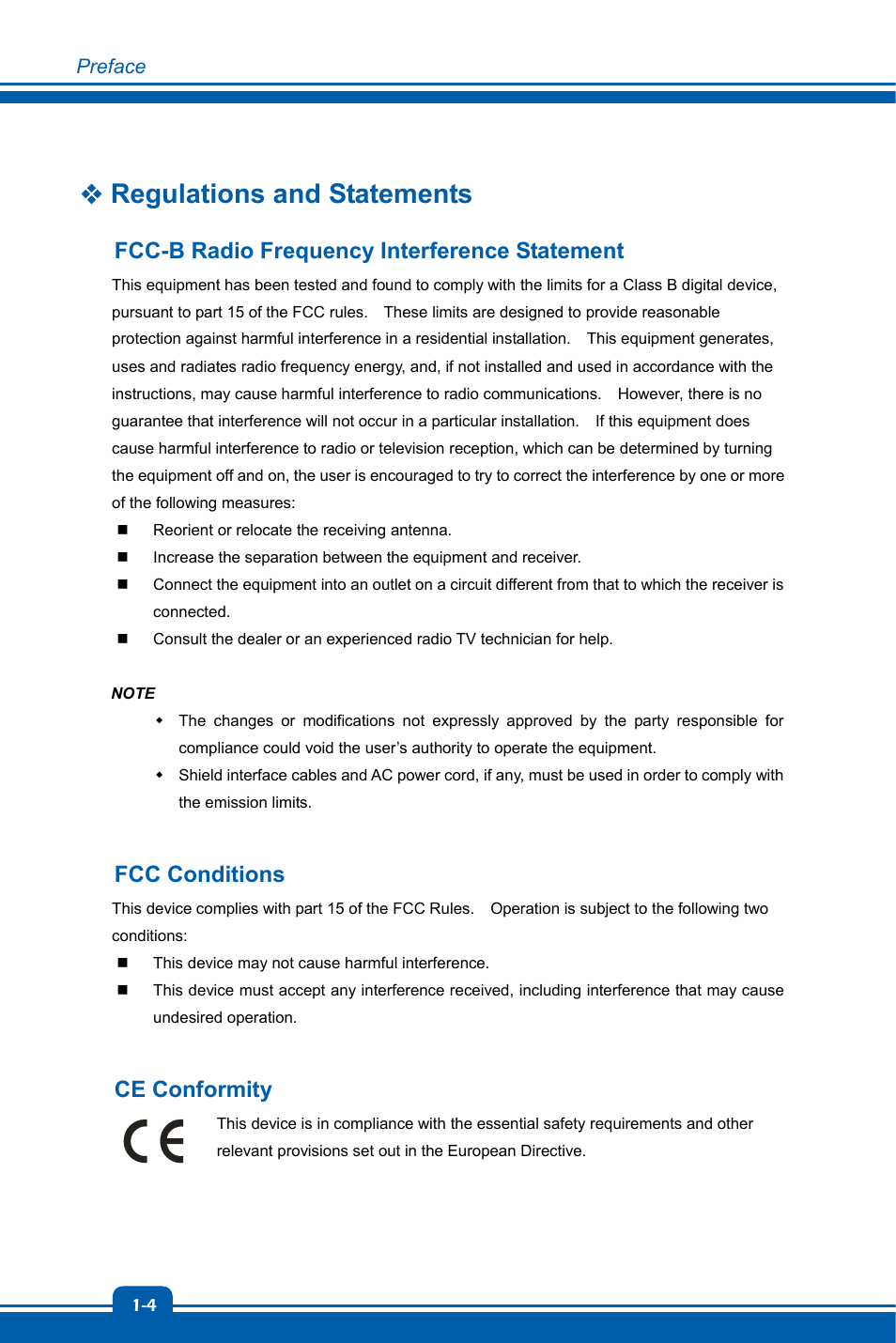 Regulations and statements, Fcc-b radio frequency interference statement, Fcc conditions | Ce conformity | chiliGREEN MS1762 User Manual | Page 4 / 54