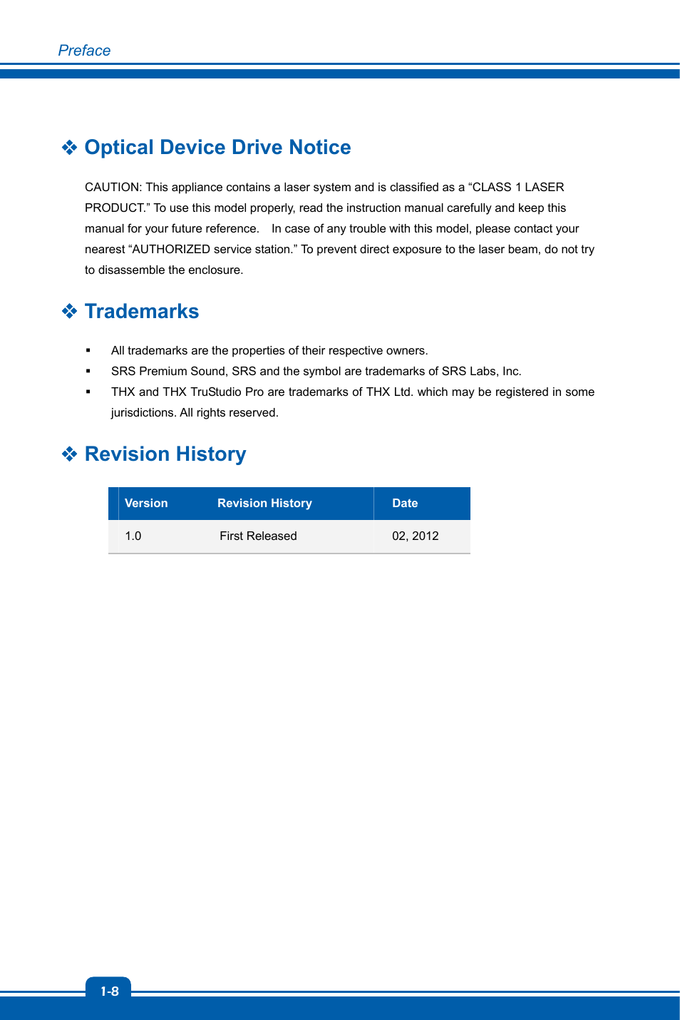 Optical device drive notice, Trademarks, Revision history | chiliGREEN MS1762 User Manual | Page 8 / 54