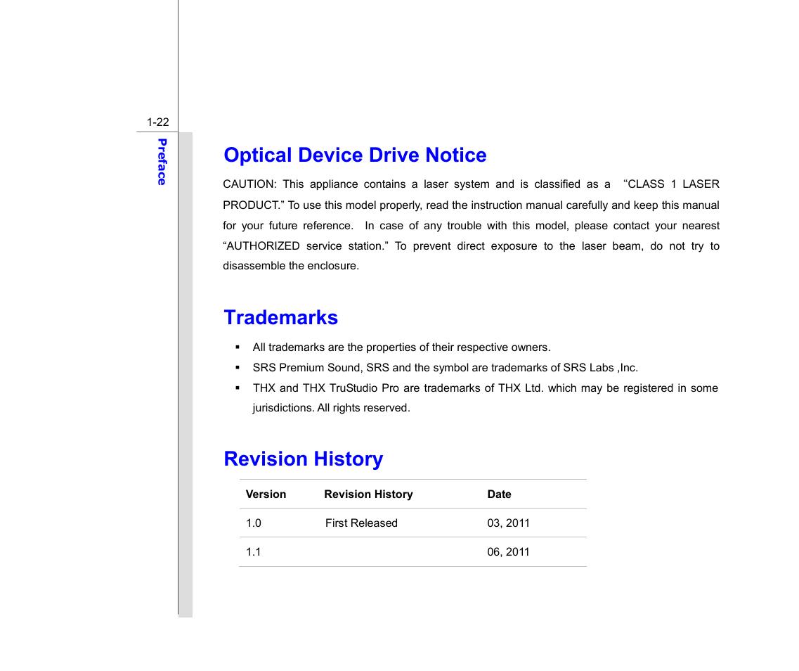 Optical device drive notice, Trademarks, Revision history | chiliGREEN MS1761 User Manual | Page 22 / 110