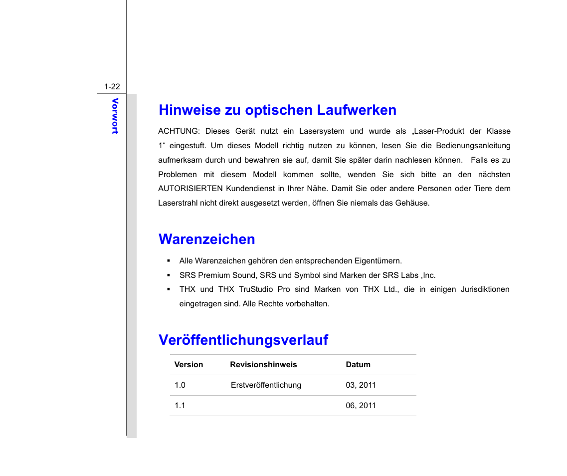 Hinweise zu optischen laufwerken, Warenzeichen, Veröffentlichungsverlauf | chiliGREEN MS1761 User Manual | Page 22 / 111