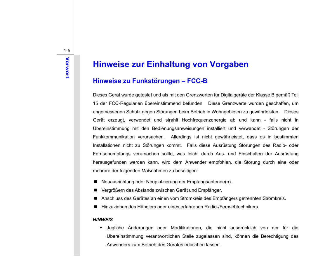 Hinweise zur einhaltung von vorgaben, Hinweise zu funkstörungen – fcc-b | chiliGREEN MS1761 User Manual | Page 5 / 111