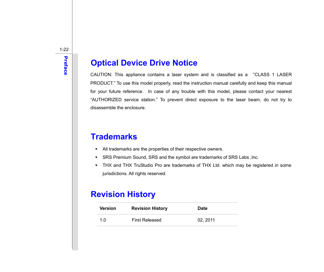 Optical device drive notice, Trademarks, Revision history | chiliGREEN MS1753 User Manual | Page 22 / 105