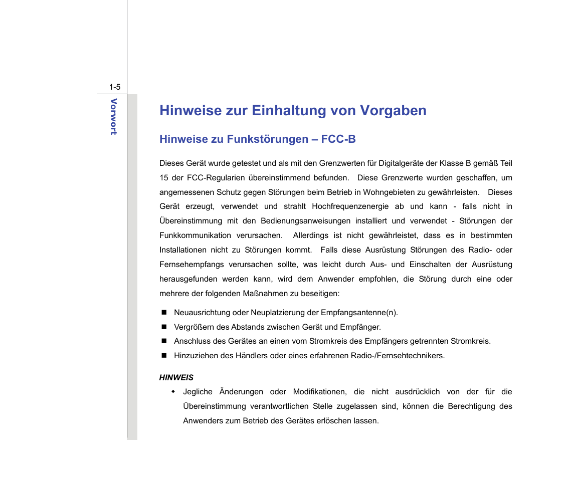 Hinweise zur einhaltung von vorgaben, Hinweise zu funkstörungen – fcc-b | chiliGREEN MS1736 User Manual | Page 5 / 96