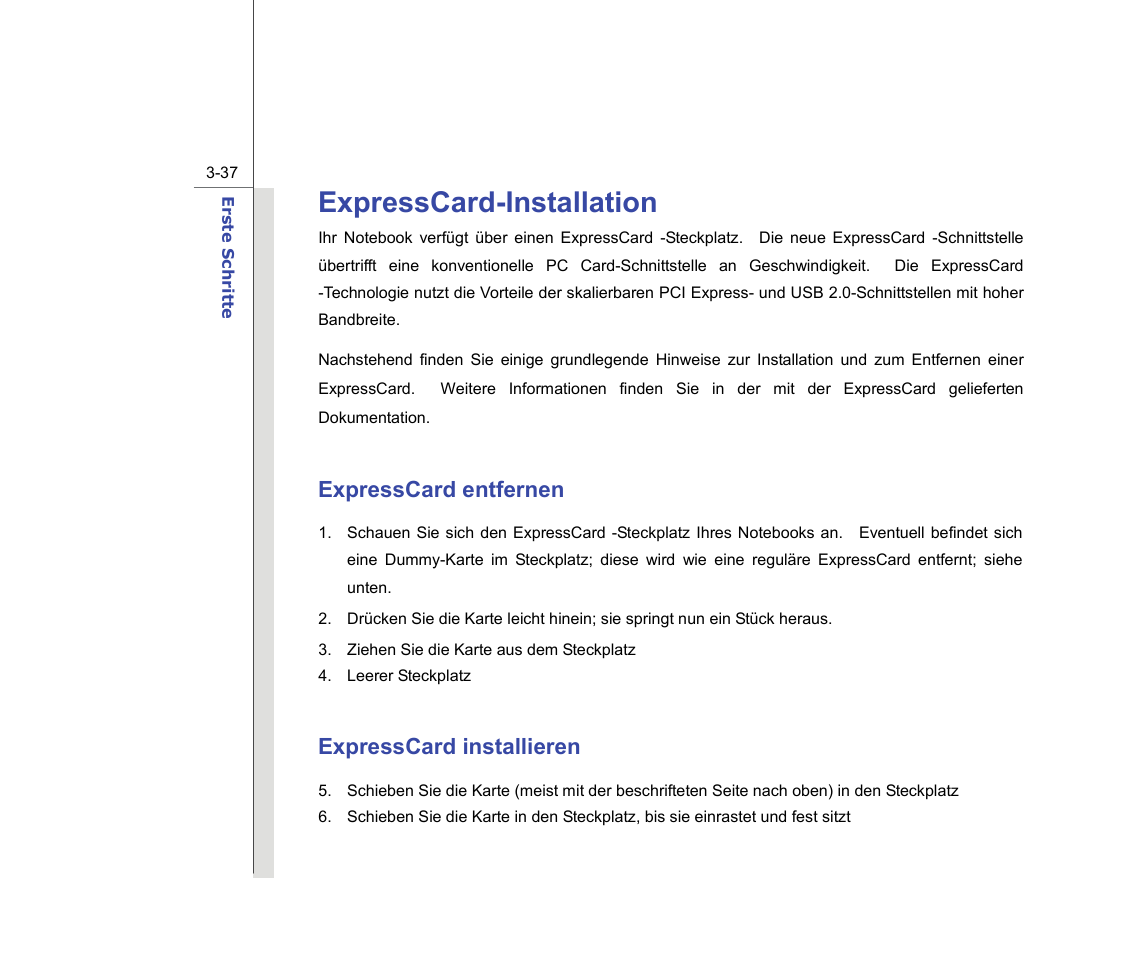 Expresscard-installation, Expresscard entfernen, Expresscard installieren | chiliGREEN MS1736 User Manual | Page 79 / 96