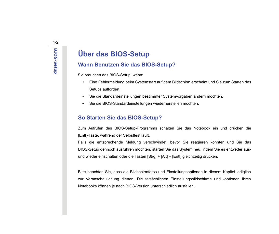 Über das bios-setup, Wann benutzen sie das bios-setup, So starten sie das bios-setup | chiliGREEN MS1736 User Manual | Page 86 / 96