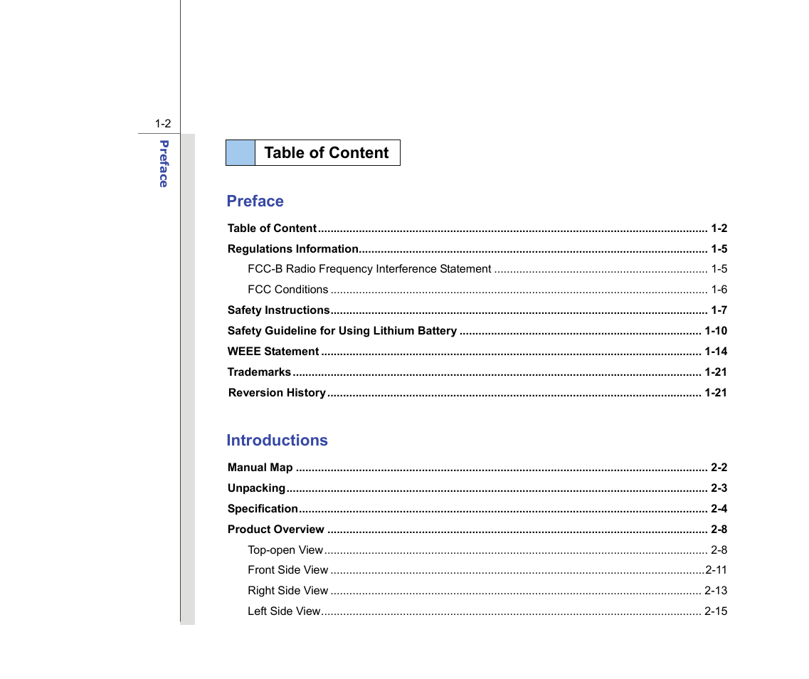 Table of content, Preface, Introductions | chiliGREEN MS1736 User Manual | Page 2 / 90