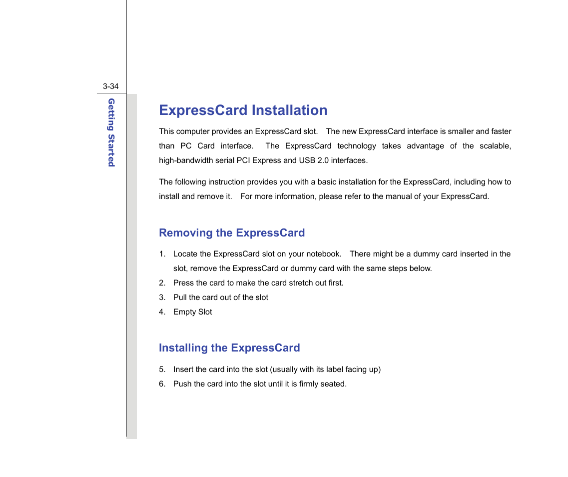 Expresscard installation, Removing the expresscard, Installing the expresscard | chiliGREEN MS1736 User Manual | Page 74 / 90