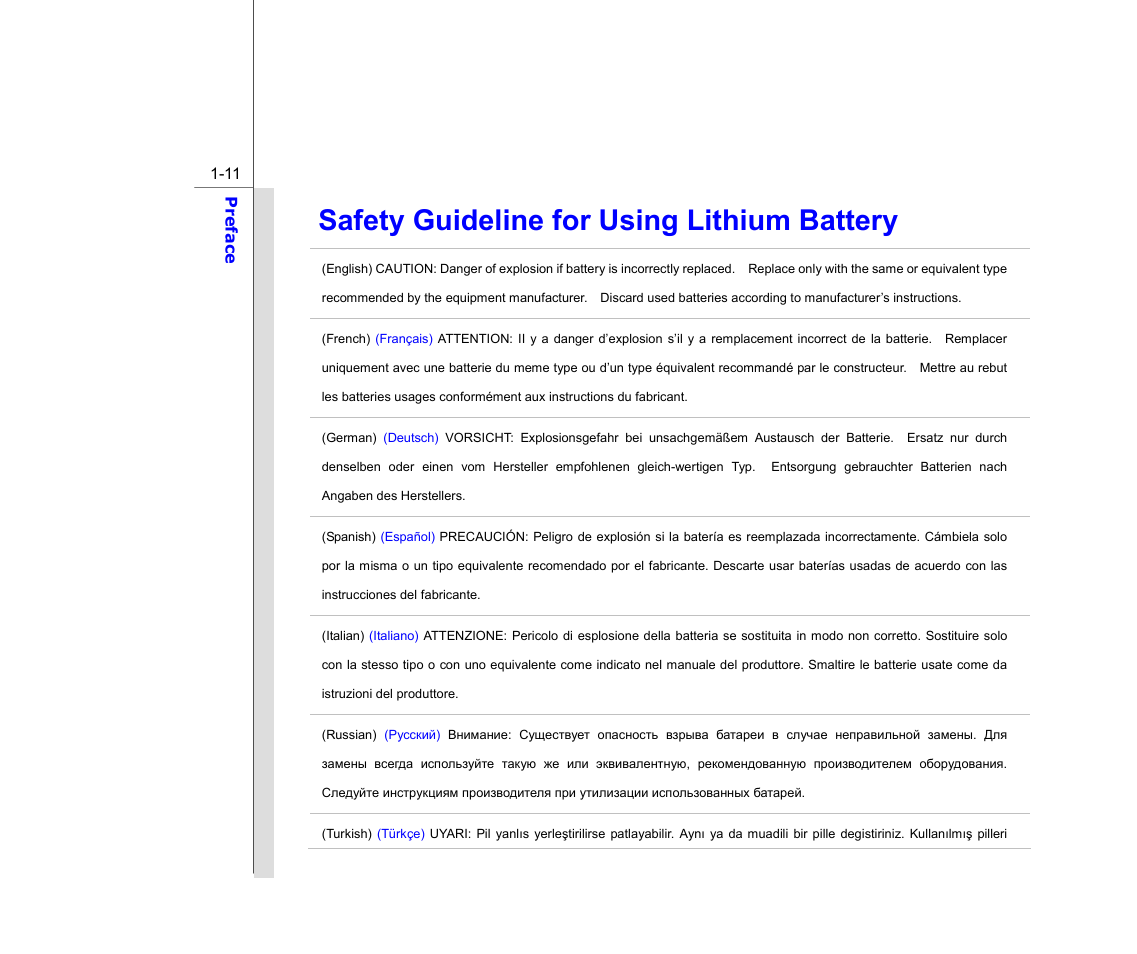 Safety guideline for using lithium battery | chiliGREEN MS1733 User Manual | Page 11 / 97