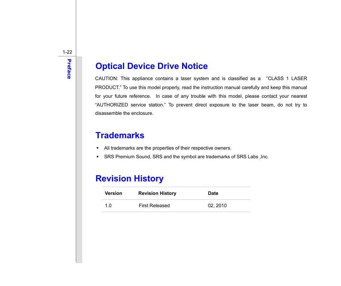 Optical device drive notice, Trademarks, Revision history | chiliGREEN MS1733 User Manual | Page 22 / 97