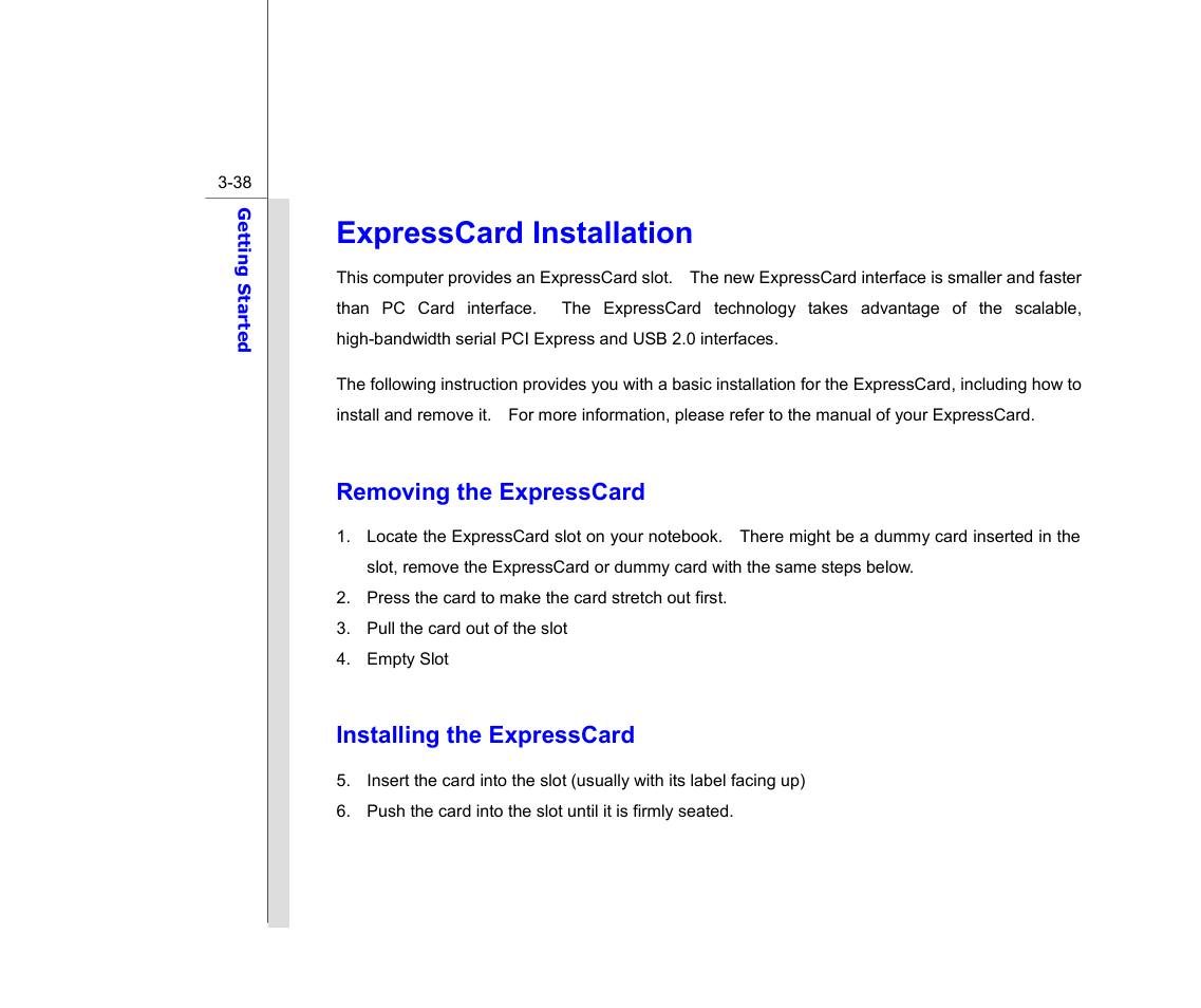 Expresscard installation, Removing the expresscard, Installing the expresscard | chiliGREEN MS1733 User Manual | Page 81 / 97