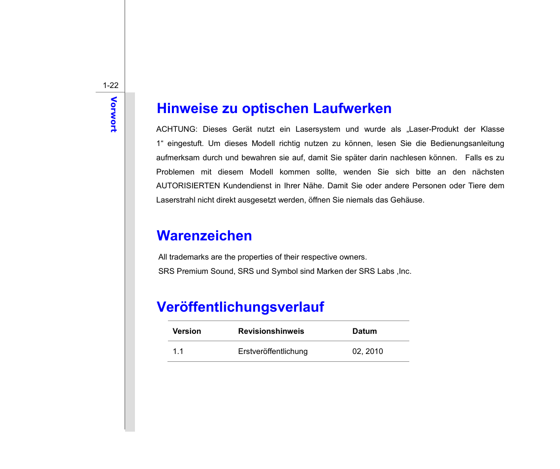 Hinweise zu optischen laufwerken, Warenzeichen, Veröffentlichungsverlauf | chiliGREEN MS1733 User Manual | Page 22 / 102