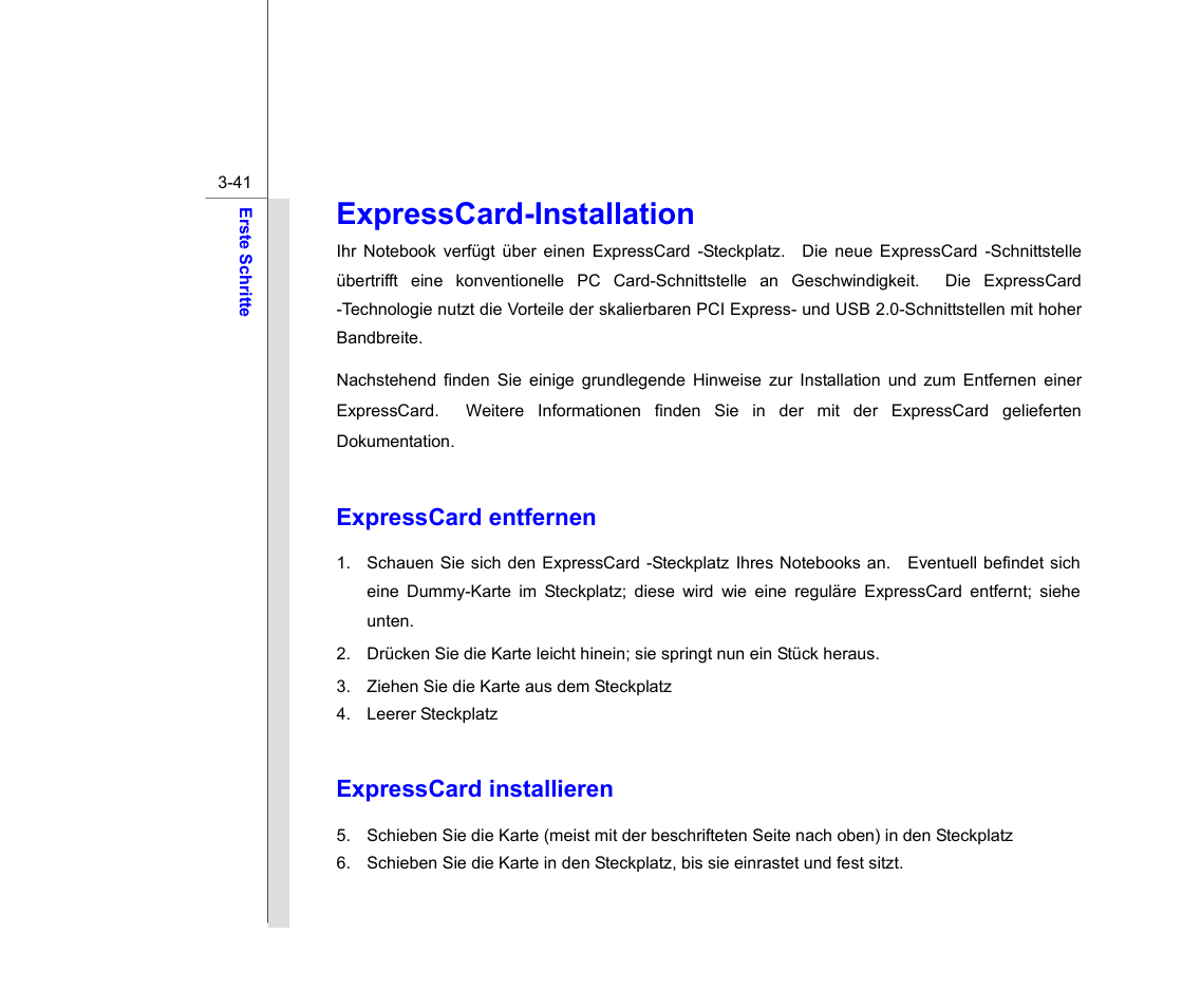 Expresscard-installation, Expresscard entfernen, Expresscard installieren | chiliGREEN MS1733 User Manual | Page 86 / 102