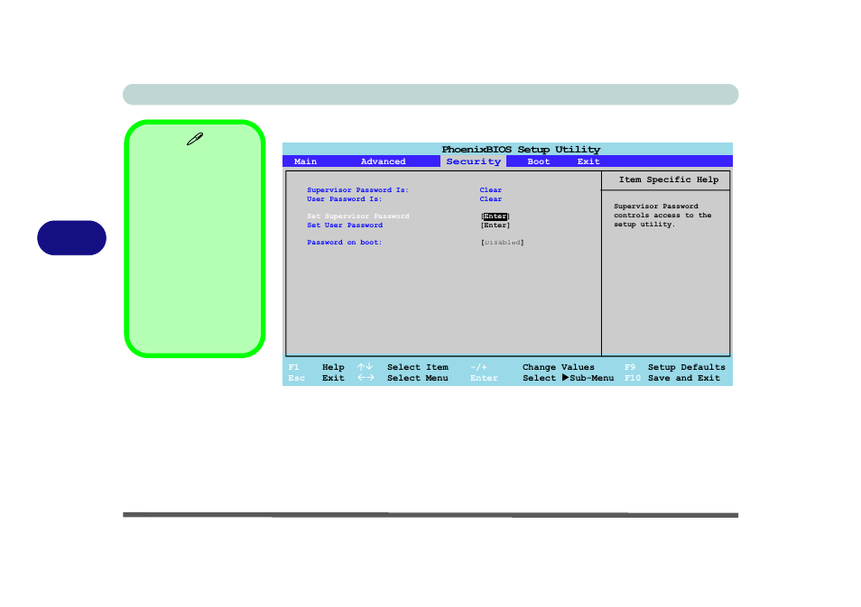 Security menu, Set supervisor password (security menu), Bios utilities 5 - 10 security menu | Figure 5 - 4 | chiliGREEN M770K User Manual | Page 106 / 210