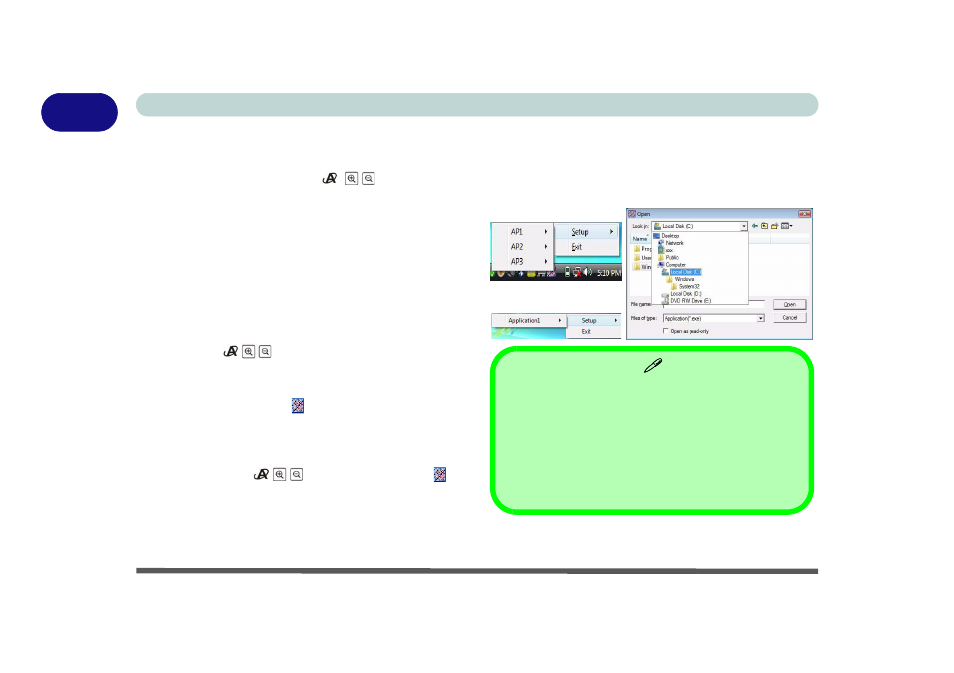 Application quick buttons, Application quick buttons -16, Ce (see | 1application quick buttons | chiliGREEN M670SRU User Manual | Page 36 / 226