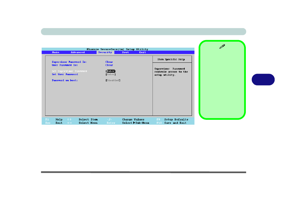 Security menu, Set supervisor password (security menu) | chiliGREEN E7130 User Manual | Page 93 / 188