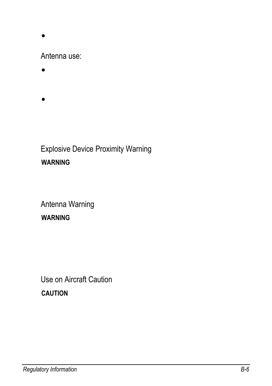 Antenna use, Explosive device proximity warning, Antenna warning | Use on aircraft caution | chiliGREEN 9270D User Manual | Page 104 / 109