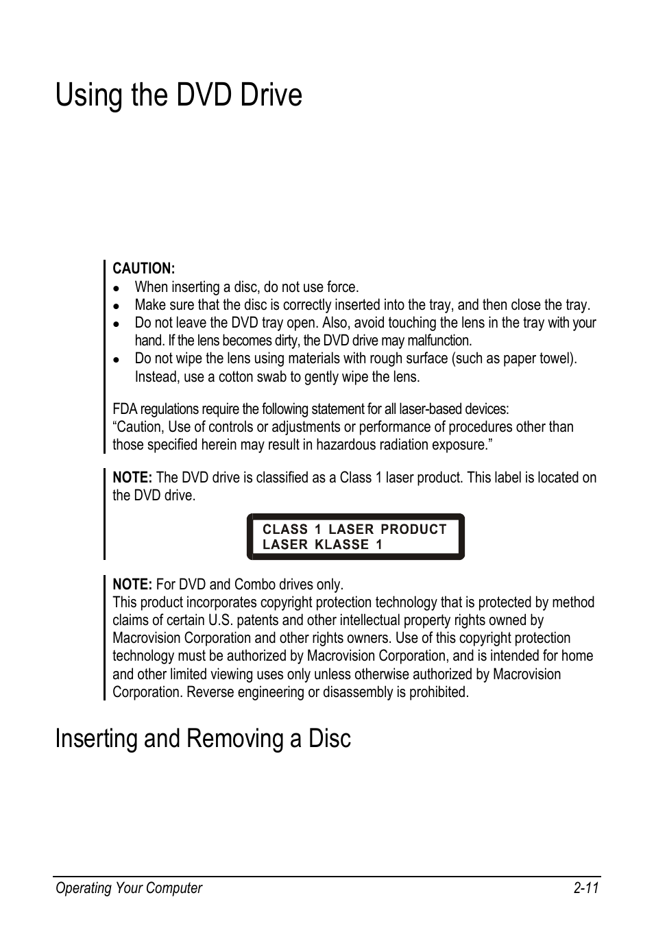 Using the dvd drive, Inserting and removing a disc, Using the dvd drive -11 | Inserting and removing a disc -11, P. 2-11 | chiliGREEN 9270D User Manual | Page 27 / 109