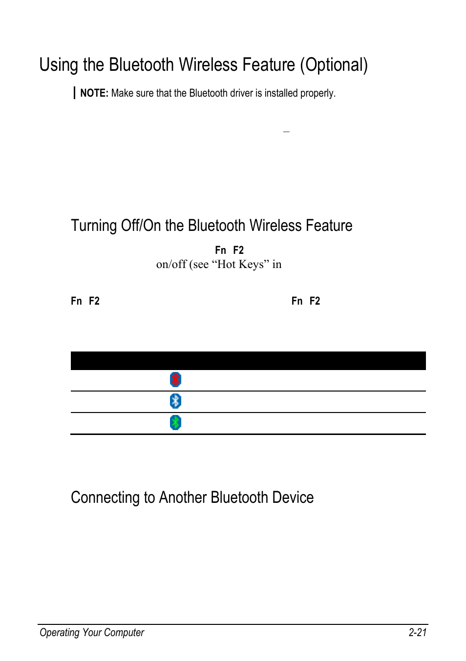 Using the bluetooth wireless feature (optional), Turning off/on the bluetooth wireless feature, Connecting to another bluetooth device | P. 2-21 | chiliGREEN 9270D User Manual | Page 37 / 109