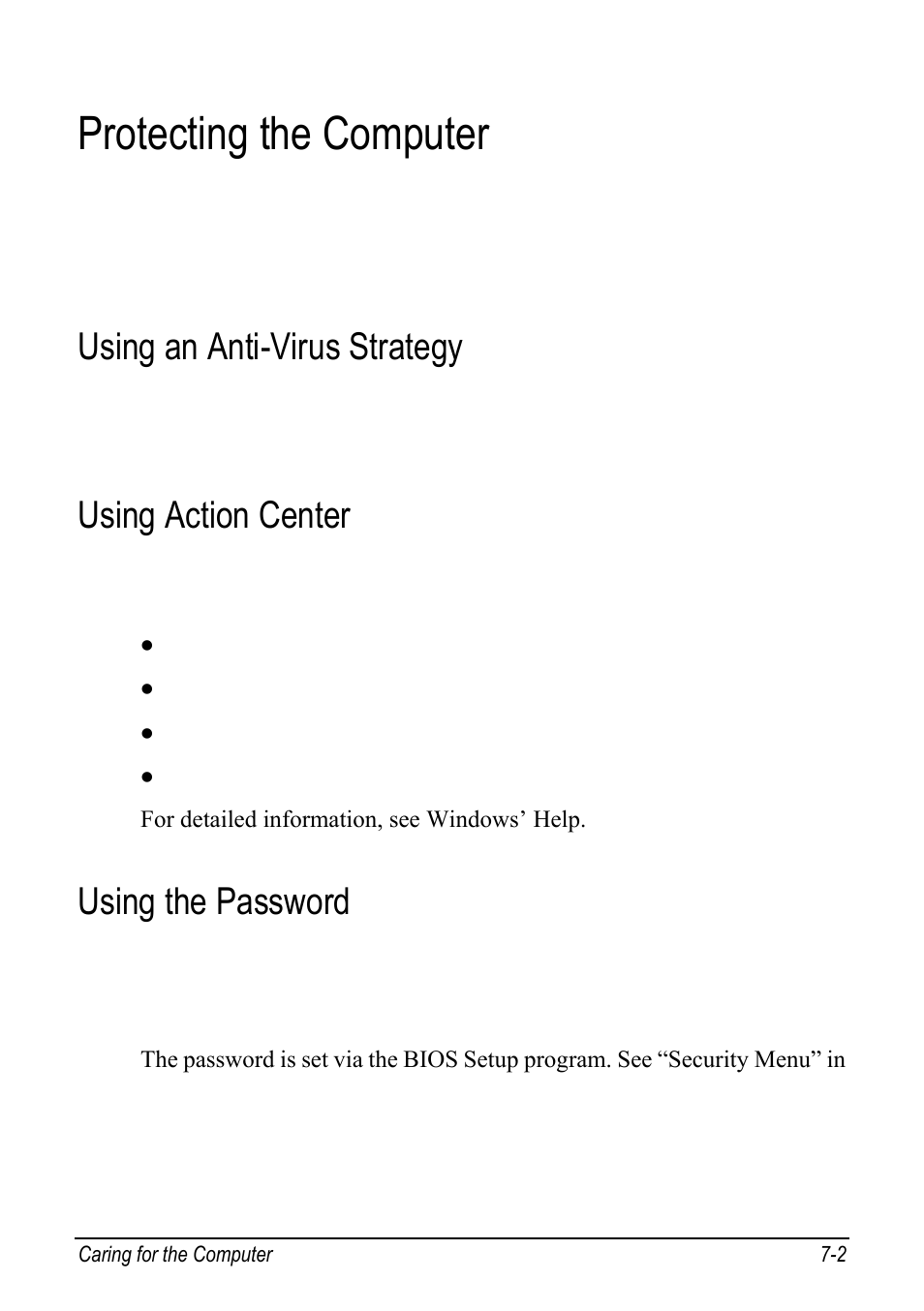 Protecting the computer, Using an anti-virus strategy, Using action center | Using the password, Protecting the computer -2, Using an anti-virus strategy -2, Using action center -2, Using the password -2 | chiliGREEN 9270D User Manual | Page 79 / 109