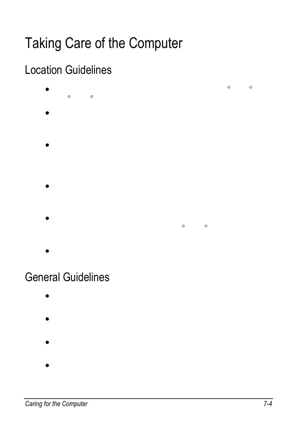 Taking care of the computer, Location guidelines, General guidelines | Taking care of the computer -4, Location guidelines -4, General guidelines -4 | chiliGREEN 9270D User Manual | Page 81 / 109