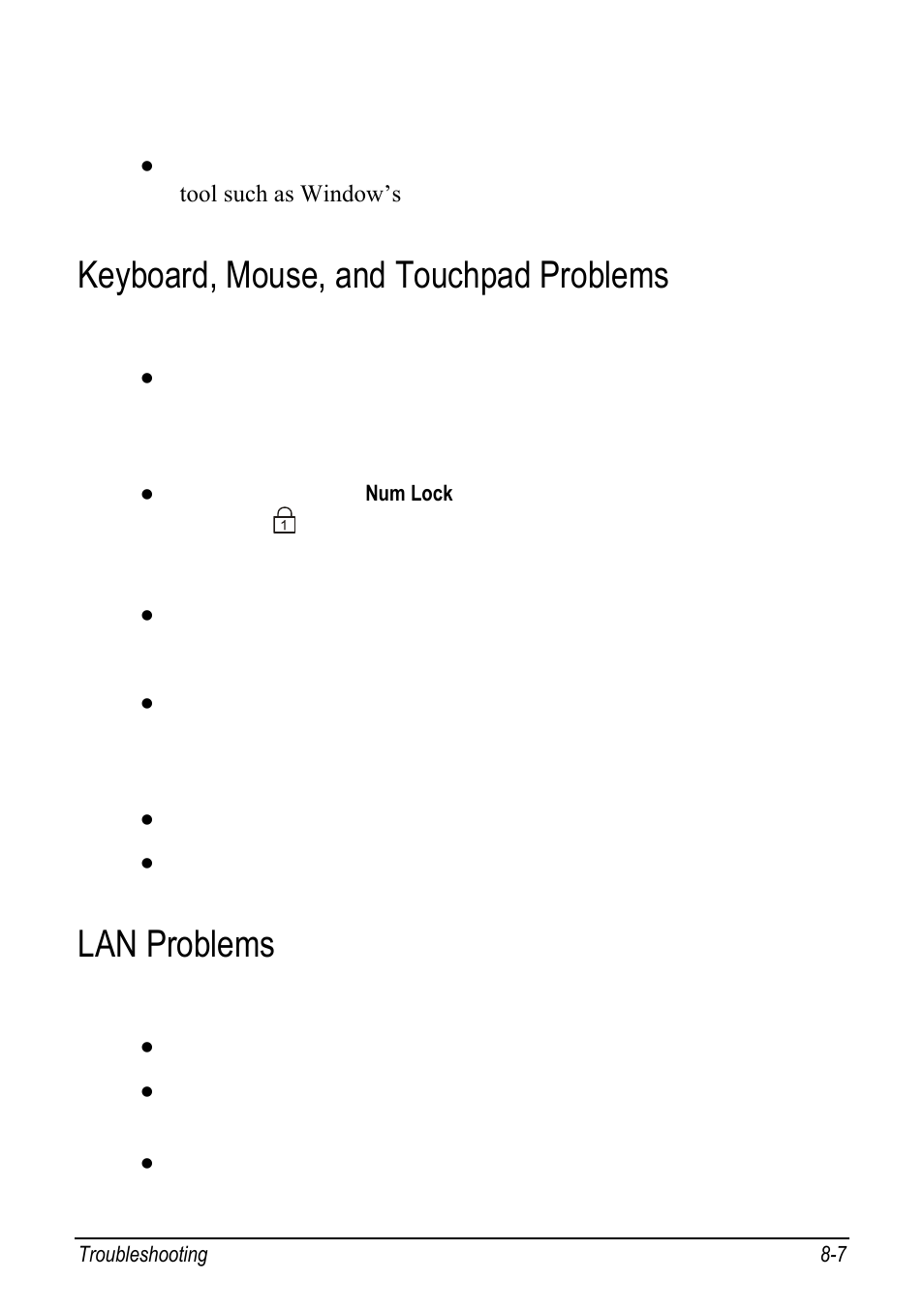 Keyboard, mouse, and touchpad problems, Lan problems, Keyboard, mouse, and touchpad problems -7 | Lan problems -7 | chiliGREEN 9270D User Manual | Page 90 / 109