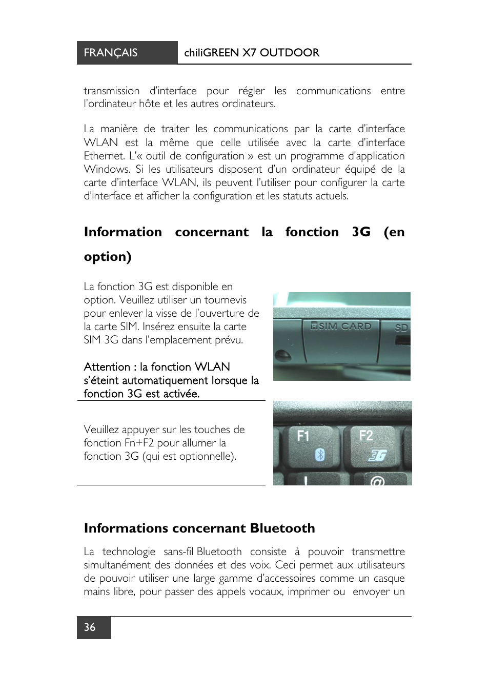 Information concernant la fonction 3g (en option), Informations concernant bluetooth | chiliGREEN X7 User Manual | Page 107 / 198