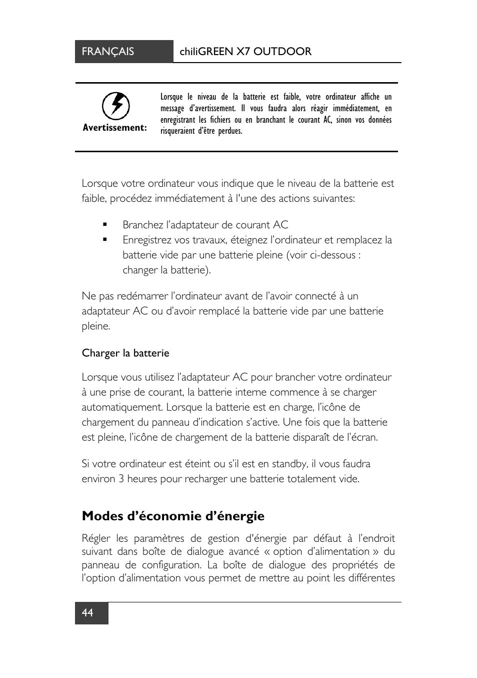 Modes d’économie d’énergie | chiliGREEN X7 User Manual | Page 115 / 198
