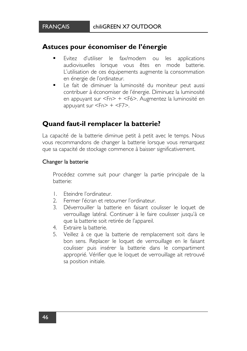 Astuces pour économiser de l’énergie, Quand faut-il remplacer la batterie | chiliGREEN X7 User Manual | Page 117 / 198