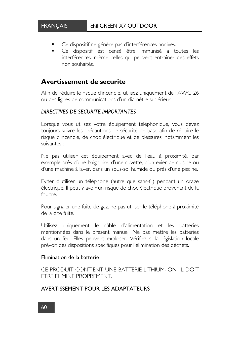 Avertissement de securite | chiliGREEN X7 User Manual | Page 131 / 198