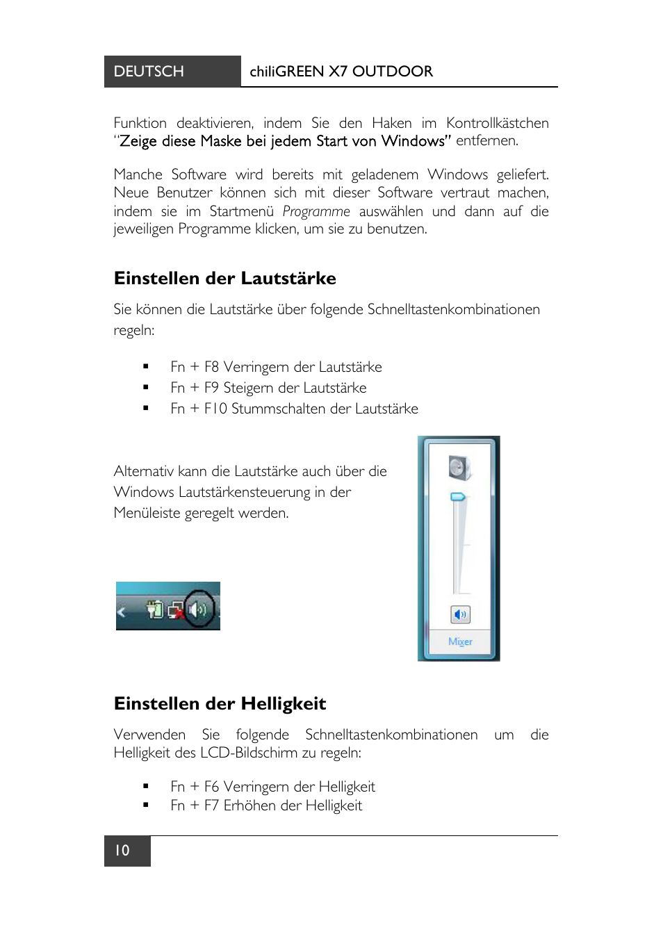 Einstellen der lautstärke, Einstellen der helligkeit | chiliGREEN X7 User Manual | Page 15 / 198