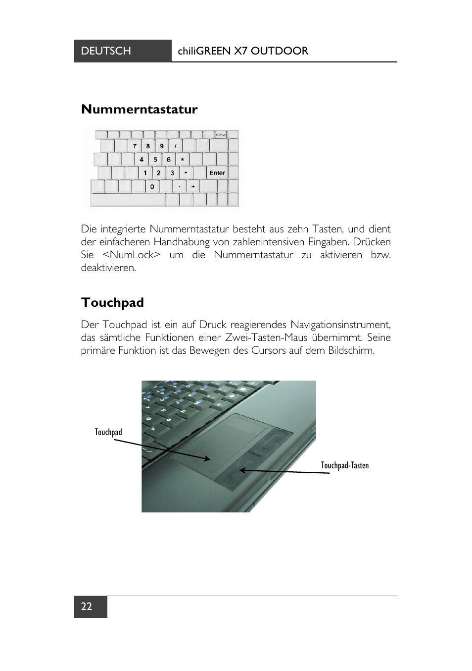 Nummerntastatur, Touchpad, Nummerntastatur touchpad | chiliGREEN X7 User Manual | Page 27 / 198