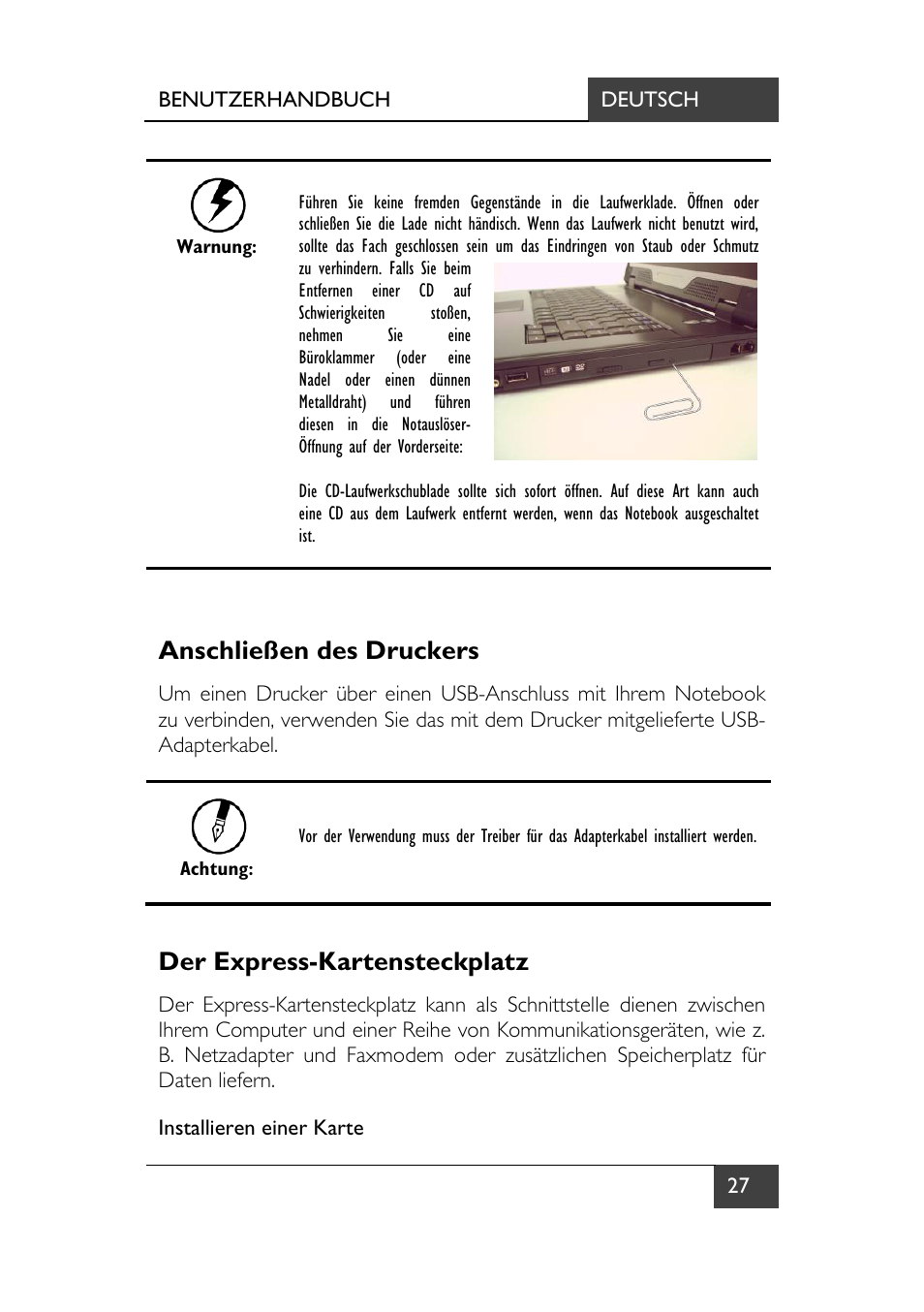 Anschließen des druckers, Der express-kartensteckplatz | chiliGREEN X7 User Manual | Page 32 / 198