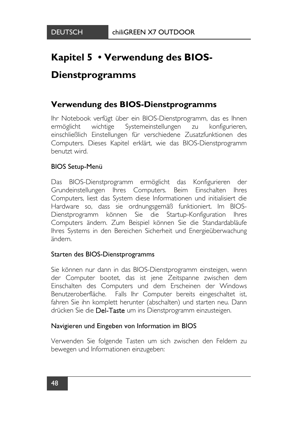 Kapitel 5 • verwendung des bios-dienstprogramms, Verwendung des bios-dienstprogramms, Kapitel 5 • verwendung des bios- dienstprogramms | chiliGREEN X7 User Manual | Page 53 / 198