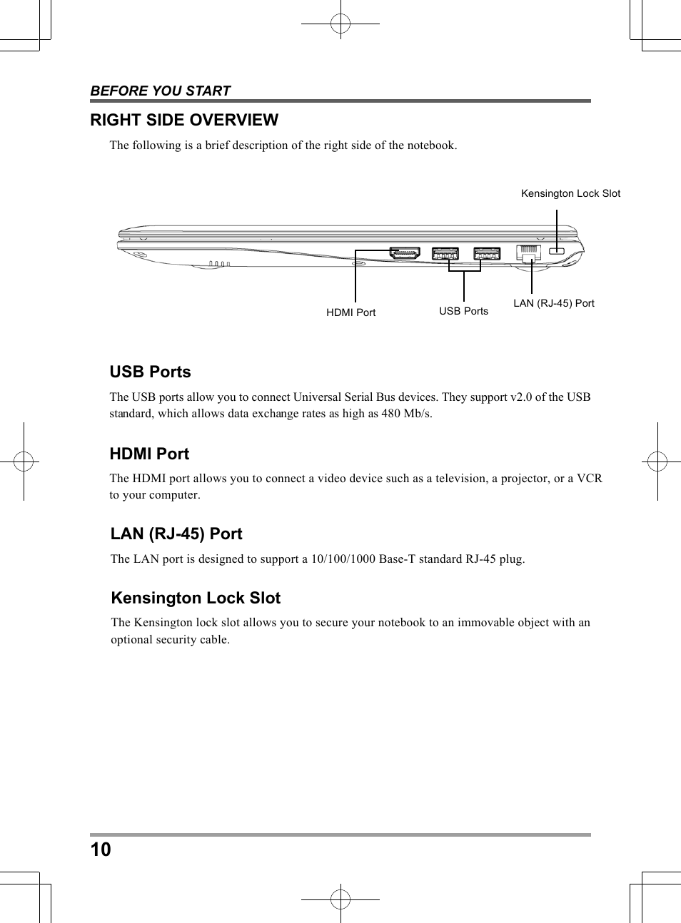 Usb ports, Right side overview, Hdmi port | Lan (rj-45) port, Kensington lock slot | chiliGREEN X501H User Manual | Page 10 / 22