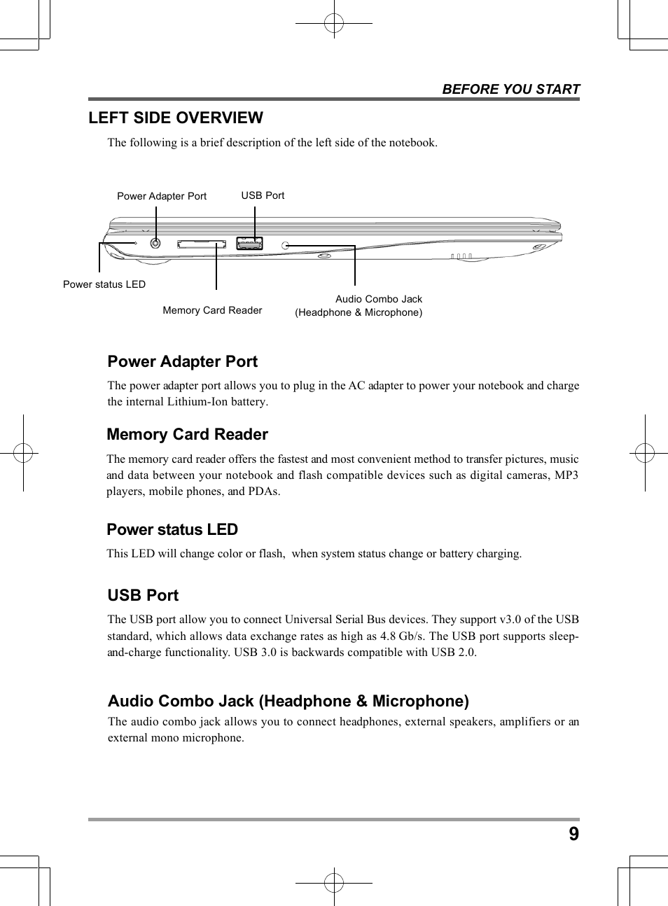 Power adapter port, Usb port, Left side overview | Audio combo jack (headphone & microphone) | chiliGREEN X501H User Manual | Page 9 / 22