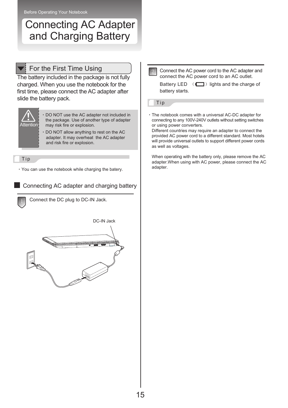 Connecting ac adapter and charging battery, For the first time using | chiliGREEN X300H User Manual | Page 16 / 22